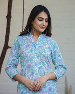 Thumbnail for Kaajh Woman's Sky Blue Floral Print Cotton Casual Kurta - Distacart
