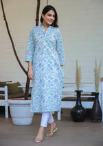Thumbnail for Kaajh Woman's Sky Blue Floral Print Cotton Casual Kurta - Distacart