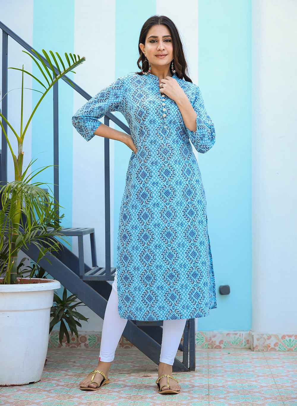 Kaajh Woman's Sky Blue Ethnic Print Casual Kurta - Distacart