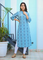 Thumbnail for Kaajh Woman's Sky Blue Ethnic Print Casual Kurta - Distacart