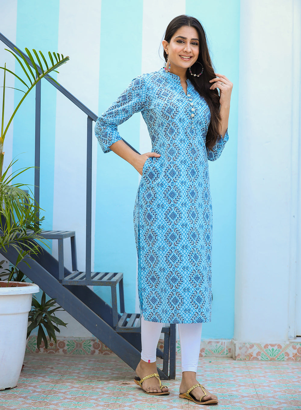 Kaajh Woman's Sky Blue Ethnic Print Casual Kurta - Distacart