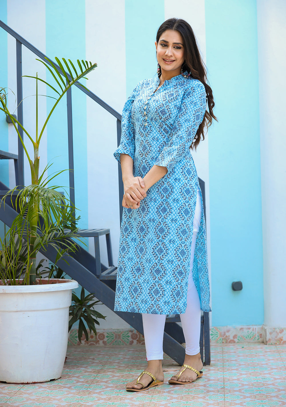 Kaajh Woman's Sky Blue Ethnic Print Casual Kurta - Distacart