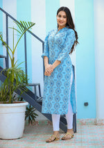 Thumbnail for Kaajh Woman's Sky Blue Ethnic Print Casual Kurta - Distacart