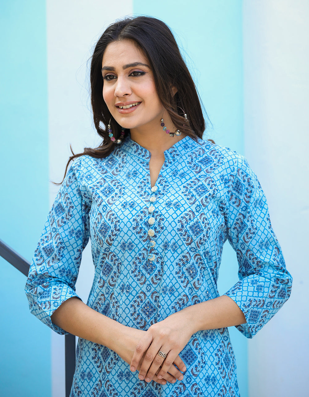 Kaajh Woman's Sky Blue Ethnic Print Casual Kurta - Distacart