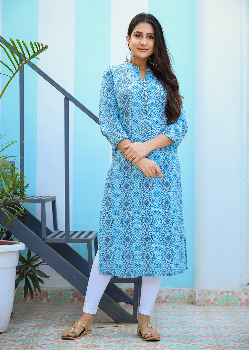 Kaajh Woman's Sky Blue Ethnic Print Casual Kurta - Distacart