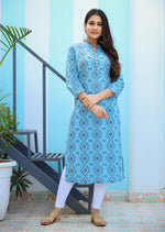 Thumbnail for Kaajh Woman's Sky Blue Ethnic Print Casual Kurta - Distacart