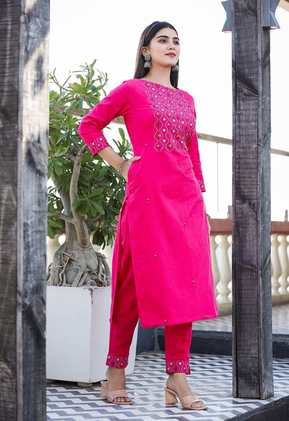 Kaajh Women's Pink Embroidered Cotton Kurta Pant Set - Distacart