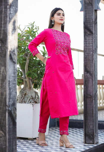 Kaajh Women's Pink Embroidered Cotton Kurta Pant Set - Distacart