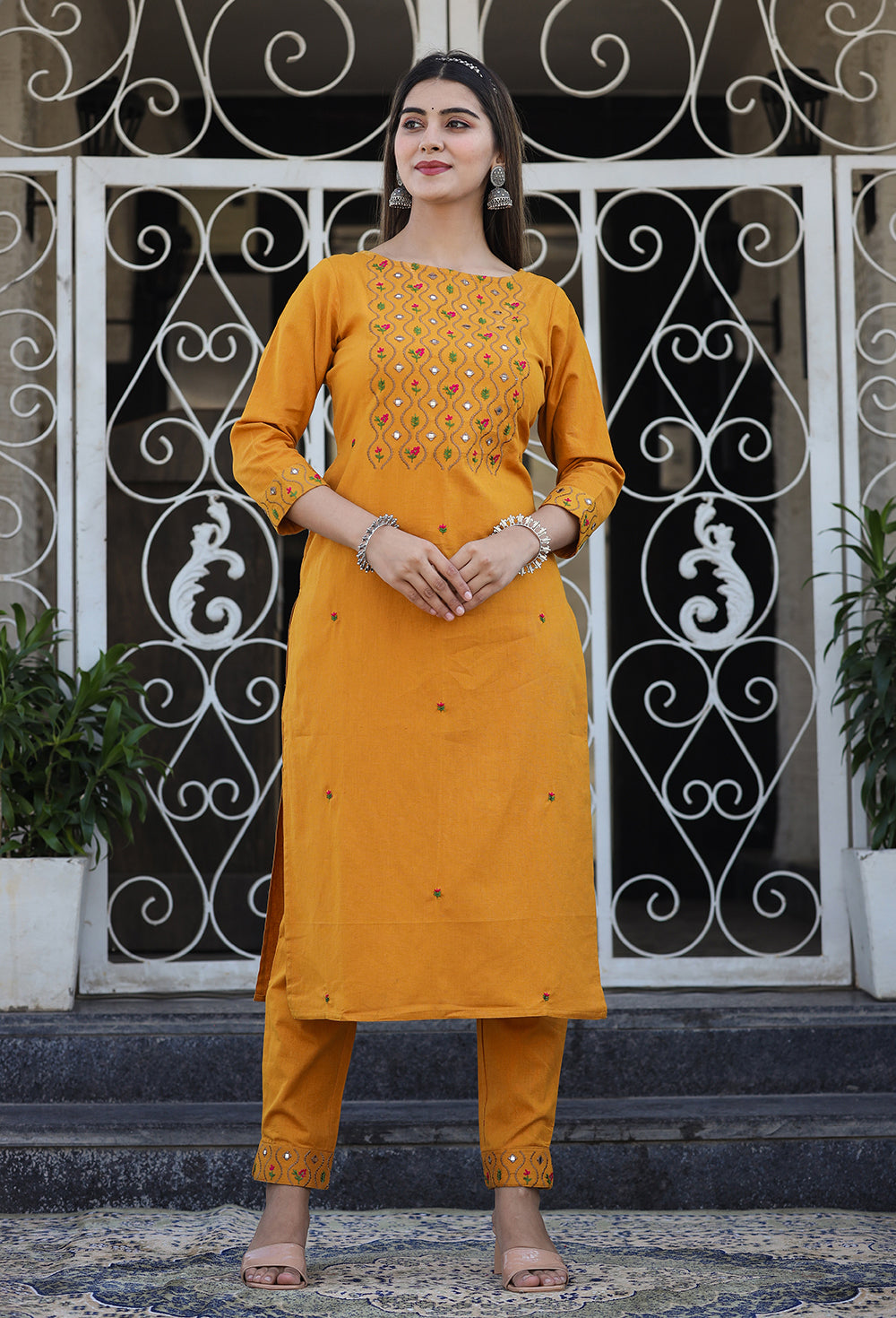 Kaajh Women's Yellow Embroidered Cotton Kurta Pant Set - Distacart