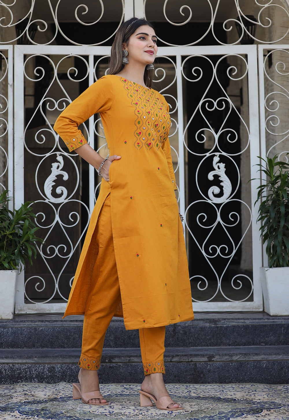Cotton yellow kurti with green dupatta digital Print  Frock Style Kurti