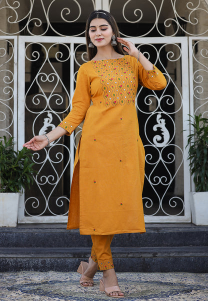 Kaajh Women's Yellow Embroidered Cotton Kurta Pant Set - Distacart