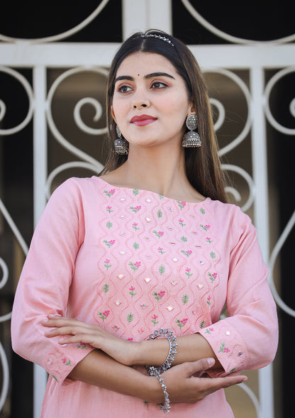 Kaajh Women's Peach Embroidered Cotton Kurta Pant Set - Distacart