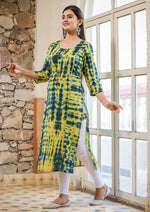 Thumbnail for Kaajh Women's Green Shibori Tie Dye Cotton Casual Kurta - Distacart