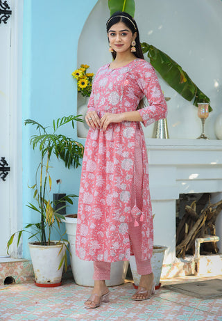 Kaajh Woman's Pink Floral Print Cotton Kurta Pant With Dupatta Set - Distacart
