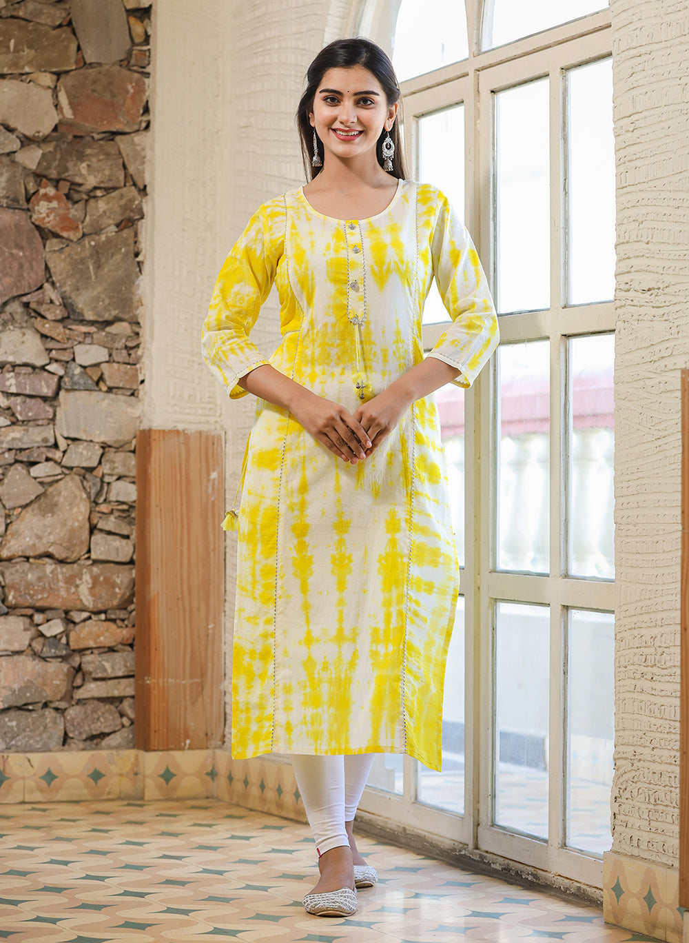 Kaajh Women's Yellow Shibori Tie Dye Cotton Casual Kurta - Distacart