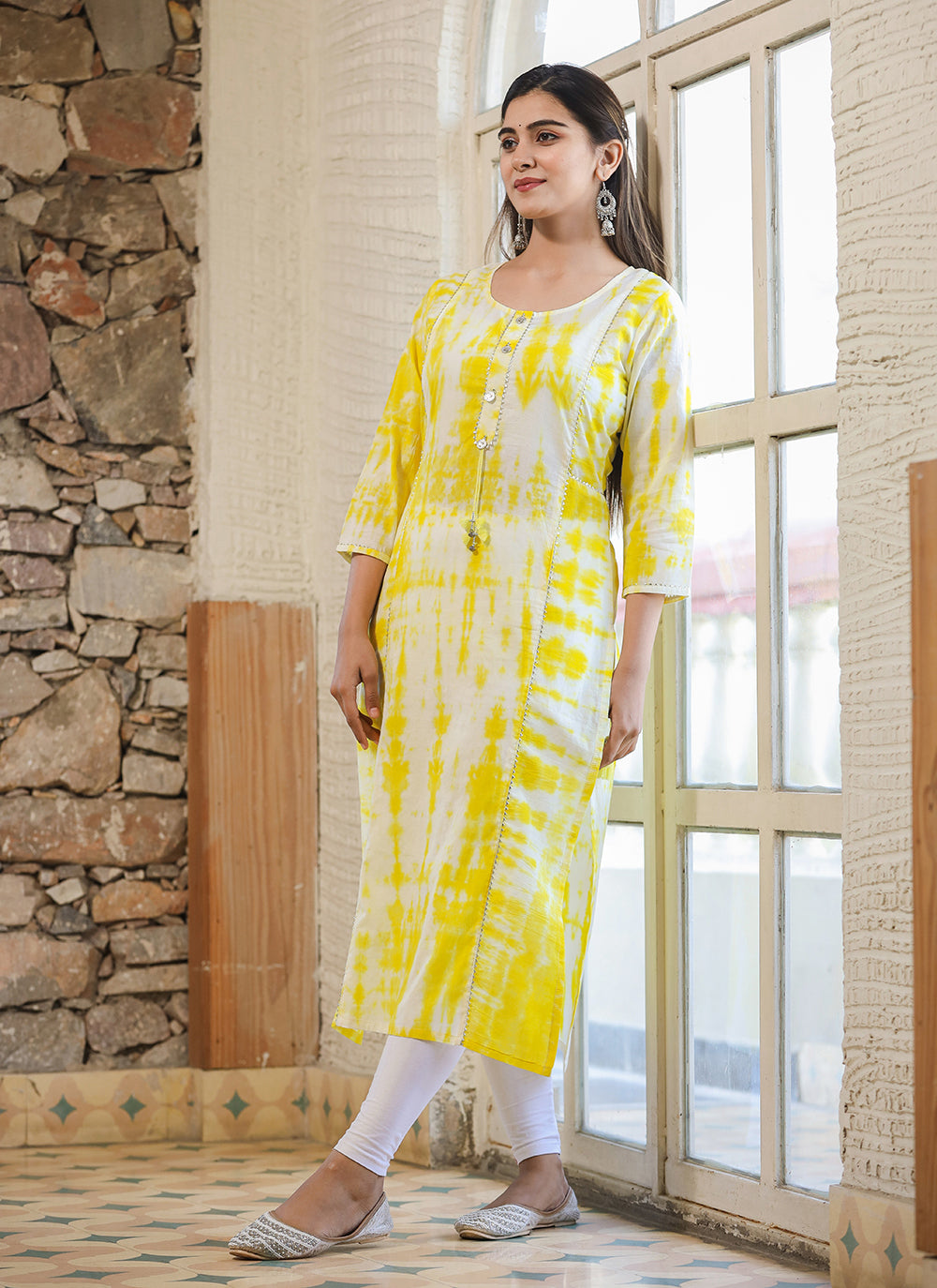Kaajh Women's Yellow Shibori Tie Dye Cotton Casual Kurta - Distacart
