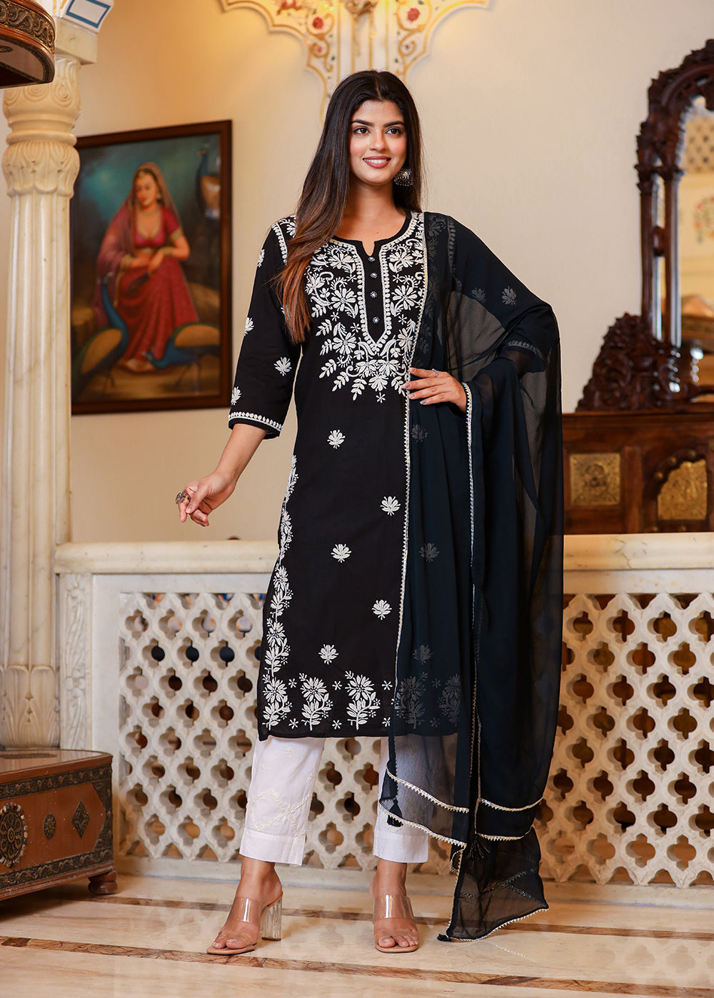 Kaajh Women's Black Lucknow Chikankari Kurta Set With Pant and Dupatta - Distacart