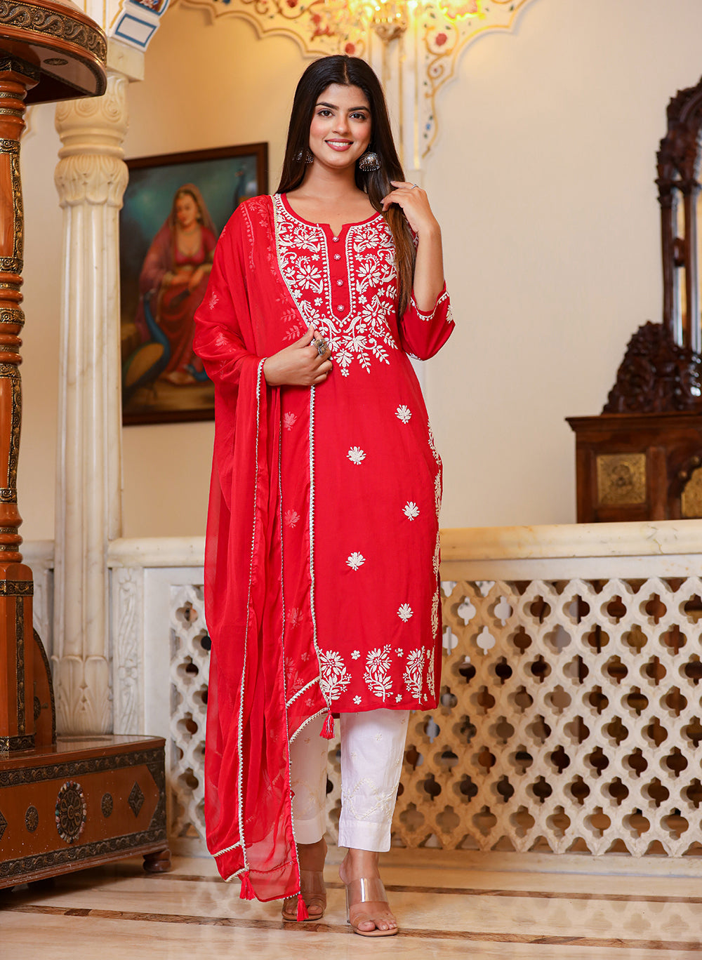 Kaajh Women's Red Lucknow Chikankari Kurta Set With Pant and Dupatta - Distacart