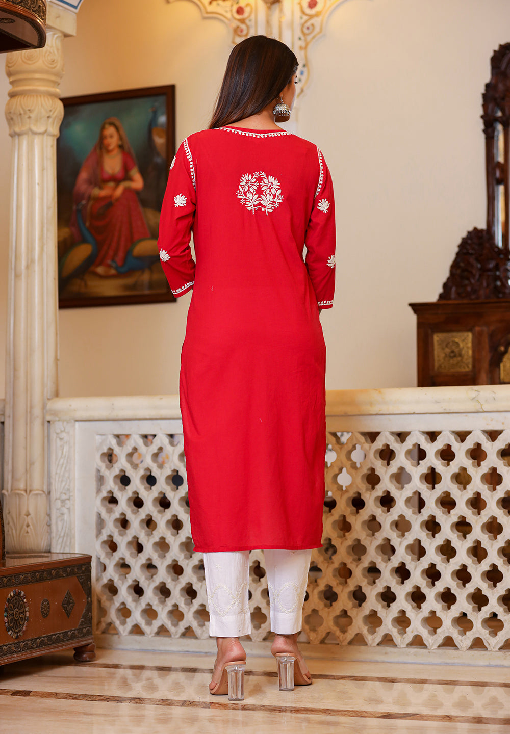 Kaajh Women's Red Lucknow Chikankari Kurta Set With Pant and Dupatta - Distacart