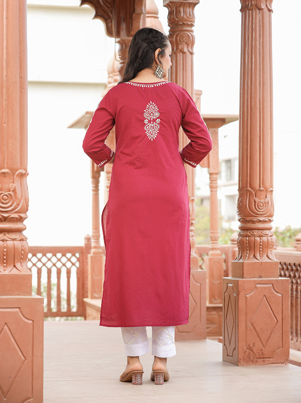 Kaajh Women's Wine Red Lucknow Chikankari Cotton Kurta Set With Dupatta - Distacart