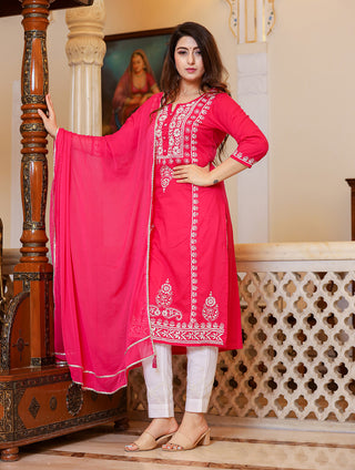 Kaajh Women's Pink Hand Embroidered Lucknow Chikankari Kurta Set With Dupatta - Distacart