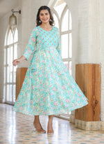 Thumbnail for Kaajh Green Embroidered Cotton A-Line Kurta - Distacart