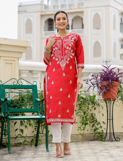 Kaajh Women's Red Chikhankari Embroidered Kurta Pant Set - Distacart