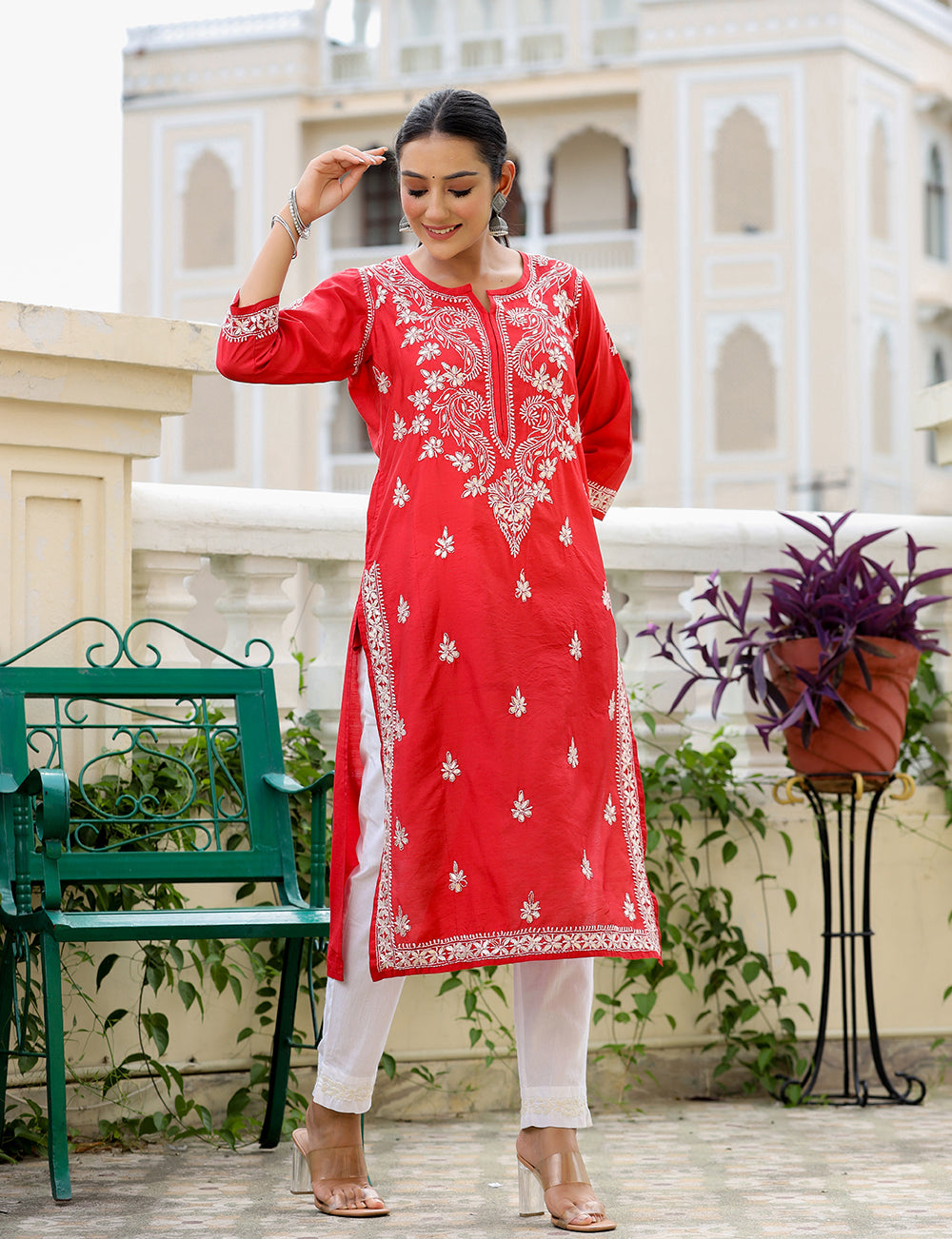 Kaajh Women's Red Chikhankari Embroidered Kurta Pant Set - Distacart