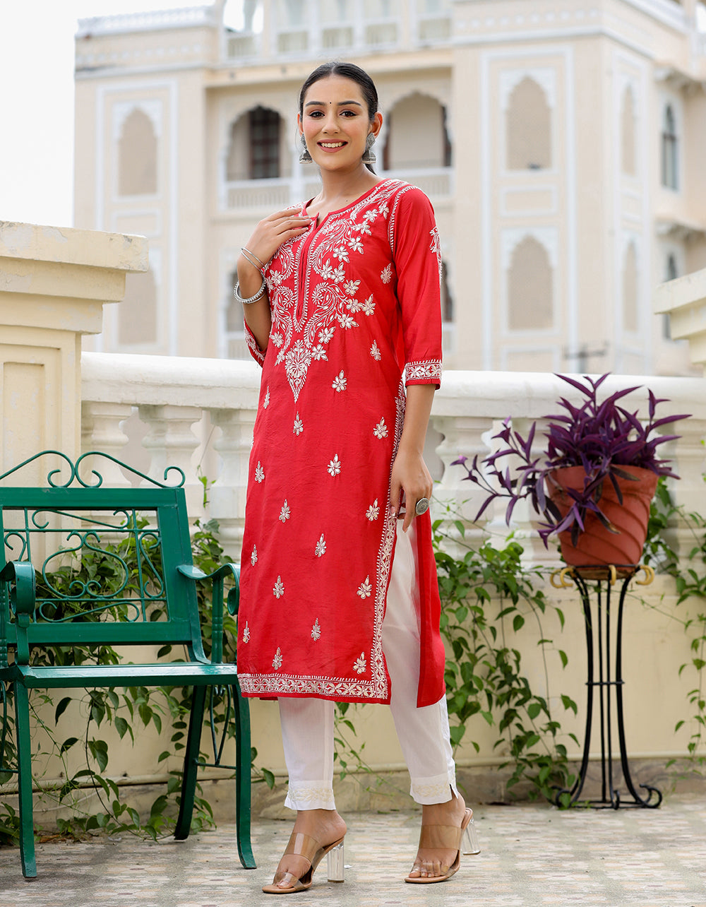 Kaajh Women's Red Chikhankari Embroidered Kurta Pant Set - Distacart