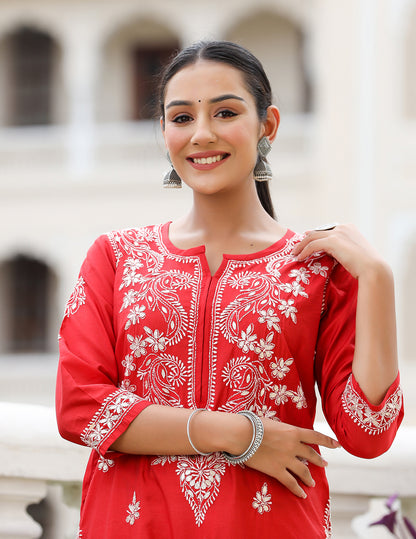 Kaajh Women's Red Chikhankari Embroidered Kurta Pant Set - Distacart