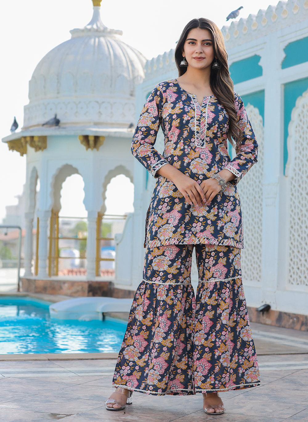 Kaajh Women's Grey Floral Printed Kurta With Sharara - Distacart
