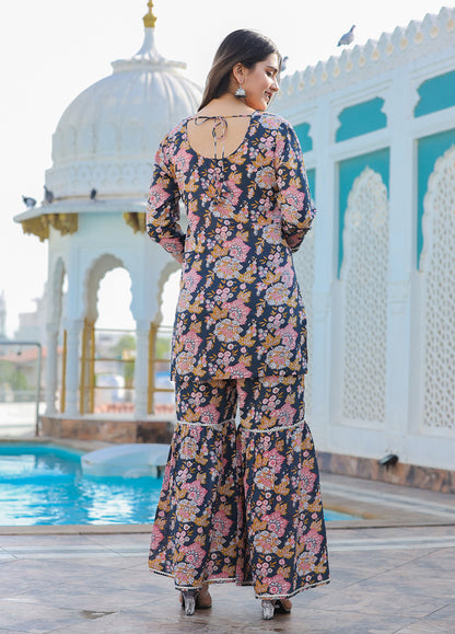 Kaajh Women's Grey Floral Printed Kurta With Sharara - Distacart