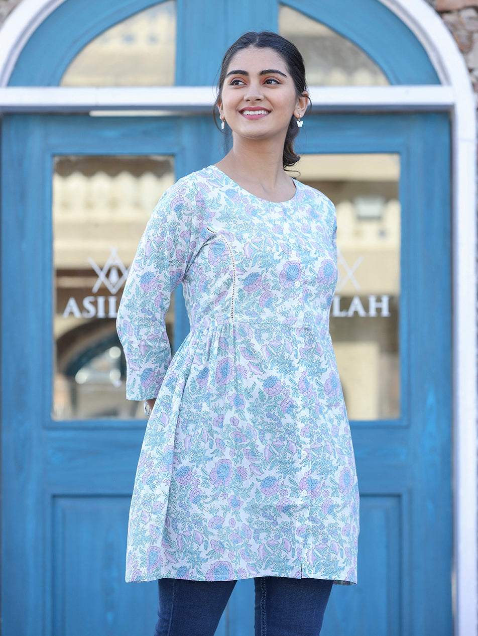 Kaajh White Floral Print Cotton Shirt Tunic - Distacart