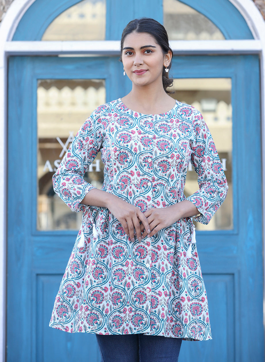 Kaajh White-Pink Floral Print Cotton Shirt Style Tunic - Distacart