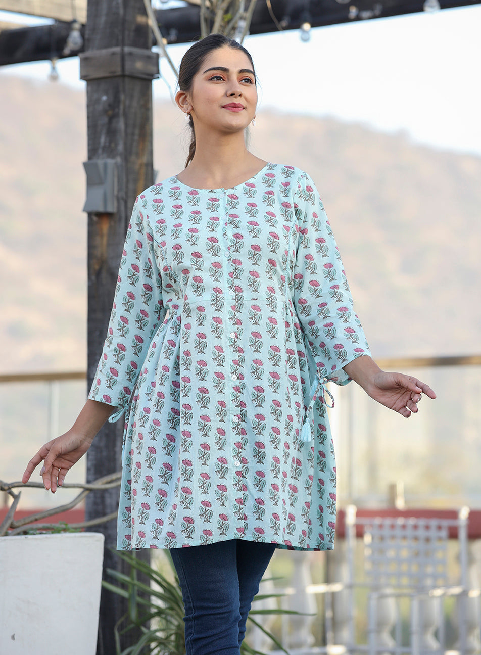 Kaajh Light Green Floral Print Cotton Shirt Style Tunic - Distacart