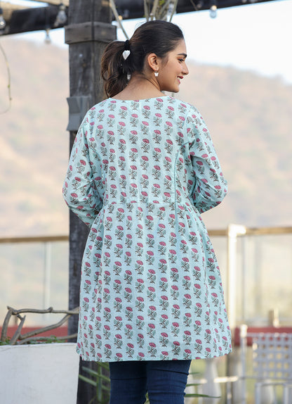 Kaajh Light Green Floral Print Cotton Shirt Style Tunic - Distacart