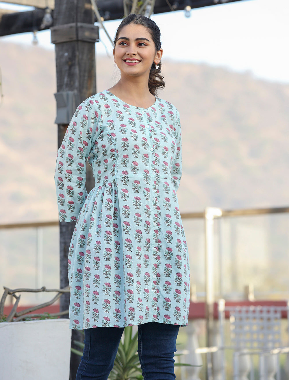 Kaajh Light Green Floral Print Cotton Shirt Style Tunic - Distacart