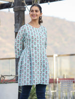 Thumbnail for Kaajh Light Green Floral Print Cotton Shirt Style Tunic - Distacart