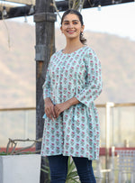 Thumbnail for Kaajh Light Green Floral Print Cotton Shirt Style Tunic - Distacart