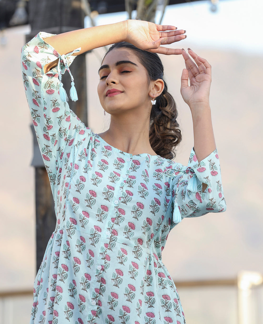Kaajh Light Green Floral Print Cotton Shirt Style Tunic - Distacart