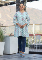 Thumbnail for Kaajh Light Green Floral Print Cotton Shirt Style Tunic - Distacart