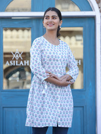Thumbnail for Kaajh White Floral Print Cotton Shirt Style Tunic - Distacart