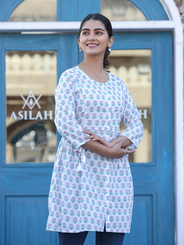 Kaajh White Floral Print Cotton Shirt Style Tunic - Distacart
