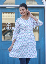 Thumbnail for Kaajh White Floral Print Cotton Shirt Style Tunic - Distacart