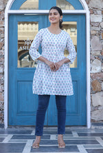 Thumbnail for Kaajh White Floral Print Cotton Shirt Style Tunic - Distacart