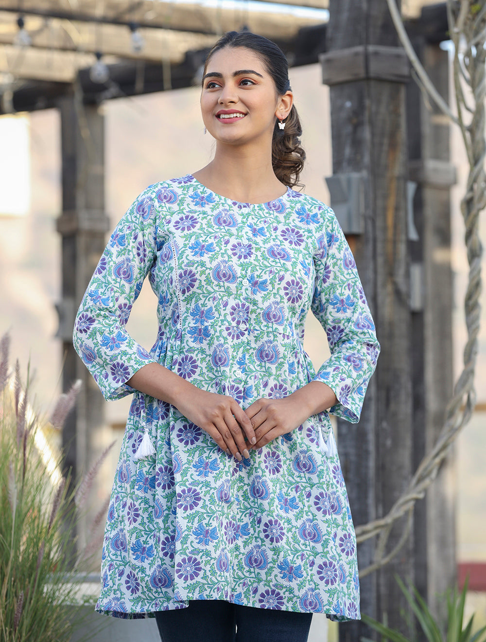 Kaajh White-Blue Floral Print Cotton Shirt Style Tunic - Distacart