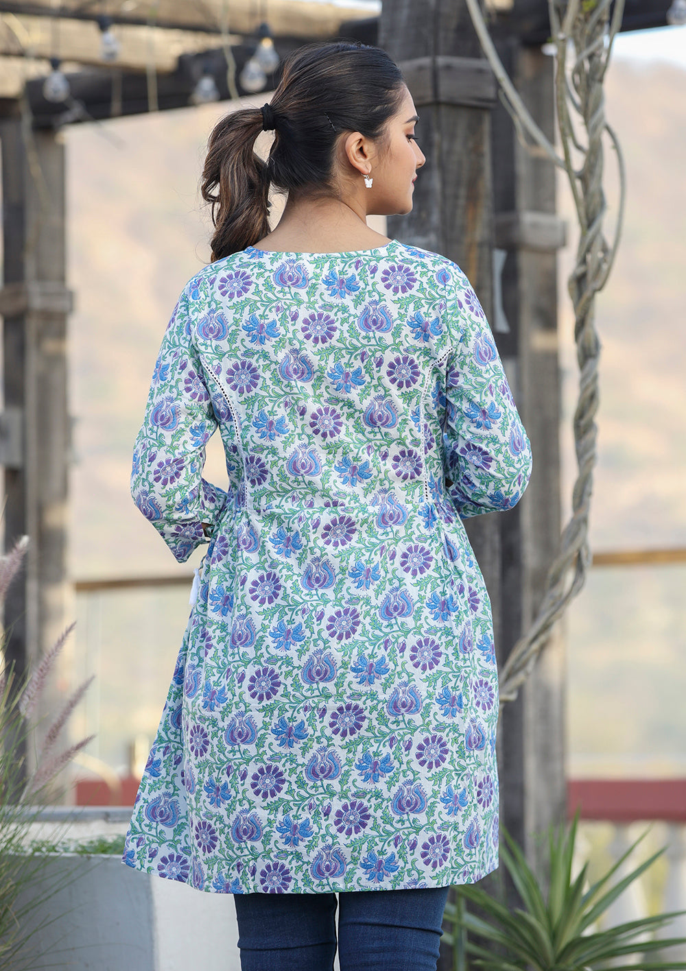 Kaajh White-Blue Floral Print Cotton Shirt Style Tunic - Distacart