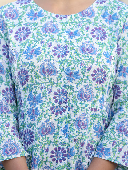 Kaajh White-Blue Floral Print Cotton Shirt Style Tunic - Distacart