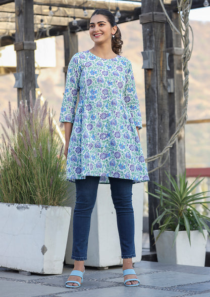 Kaajh White-Blue Floral Print Cotton Shirt Style Tunic - Distacart
