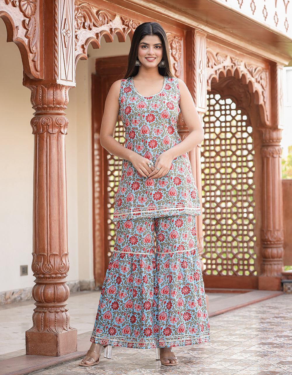 Kaajh Women's Sky Blue Floral Printed Kurta With Sharara - Distacart